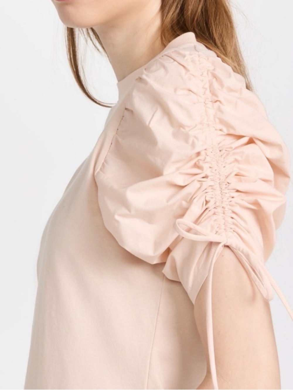 FRAME Ruched Tie Sleeve Tee Blush Pink Puff Sleeve Top XL NWT - Picture 2 of 13